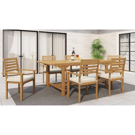 Teak Outdoor Dining Table and 6 Stacking Chairs w/ Cushions