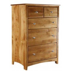 [33 Inch] Alder Shaker 5 Drawer Chest - shown in Honey finish with Brushed Nickel knobs