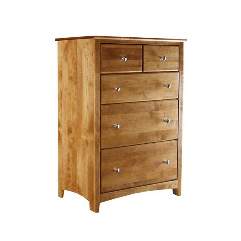 [33 Inch] Alder Shaker 5 Drawer Chest - shown in Honey finish with Brushed Nickel knobs
